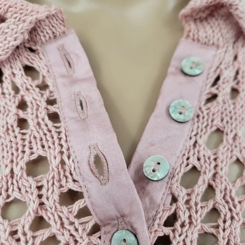 Free People Pointelle Pullover Mauve Rose Pink Crochet Button Up Women's Top NEW